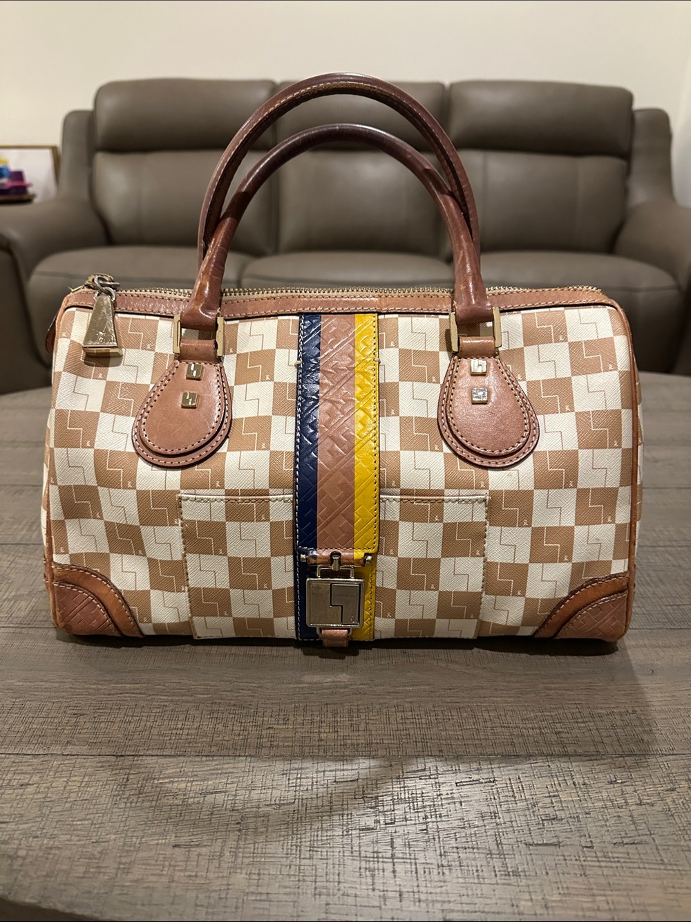 Lancel Paris Leather-Trimmed Check Pattern Tote Bag